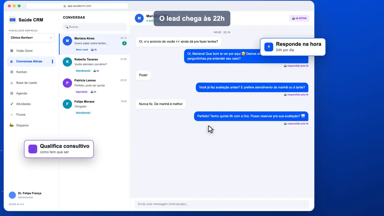 Veja o SaúdeCRM funcionando — atendimento com IA, funil e follow-up